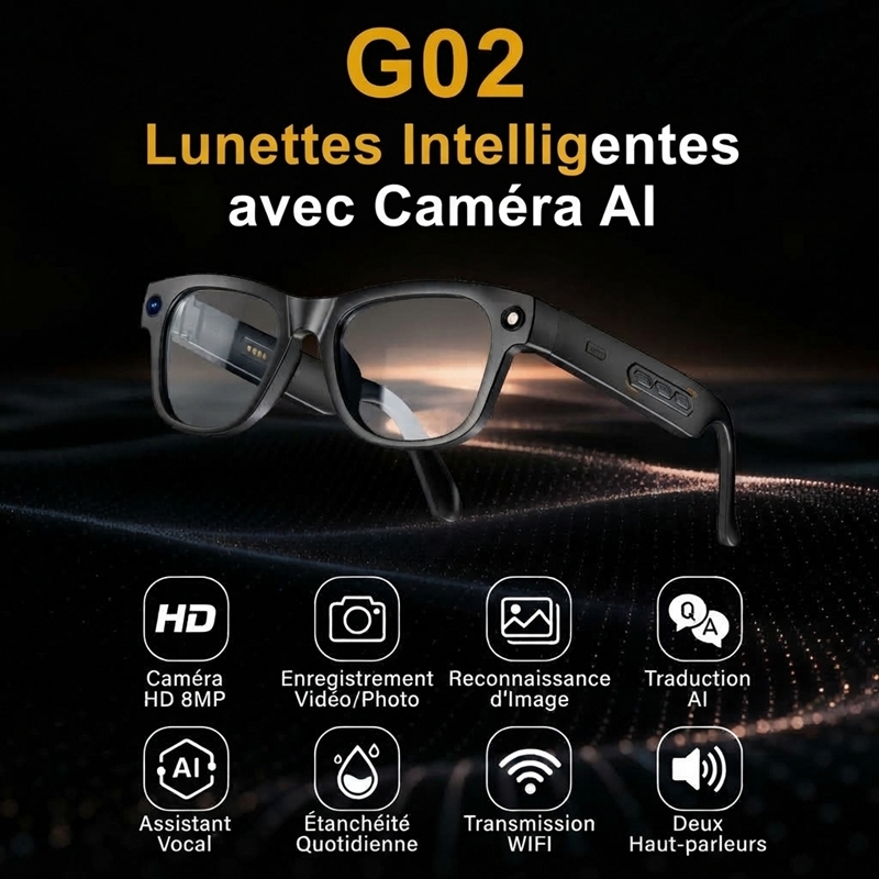 G02 Lunettes Intelligentes AI G02, Caméra HD 8MP Photo/Vidéo, Traduction IA en Temps Réel, Appel Bluetooth, Audio Ouvert, Verres Anti-Lumière Bleue