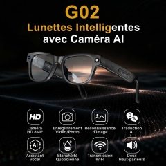 G02 Lunettes Intelligentes AI G02, Caméra HD 8MP Photo/Vidéo, Traduction IA en Temps Réel, Appel Bluetooth, Audio Ouvert, Verres Anti-Lumière Bleue