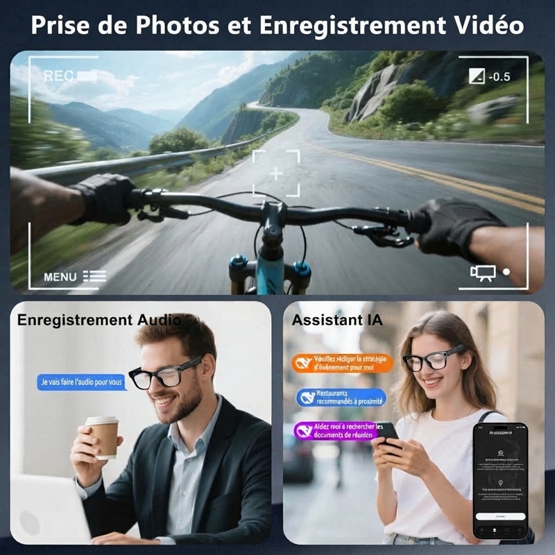 G02 Lunettes Intelligentes AI G02, Caméra HD 8MP Photo/Vidéo, Traduction IA en Temps Réel, Appel Bluetooth, Audio Ouvert, Verres Anti-Lumière Bleue