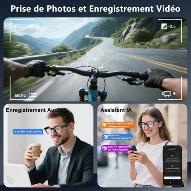 G02 Lunettes Intelligentes AI G02, Caméra HD 8MP Photo/Vidéo, Traduction IA en Temps Réel, Appel Bluetooth, Audio Ouvert, Verres Anti-Lumière Bleue