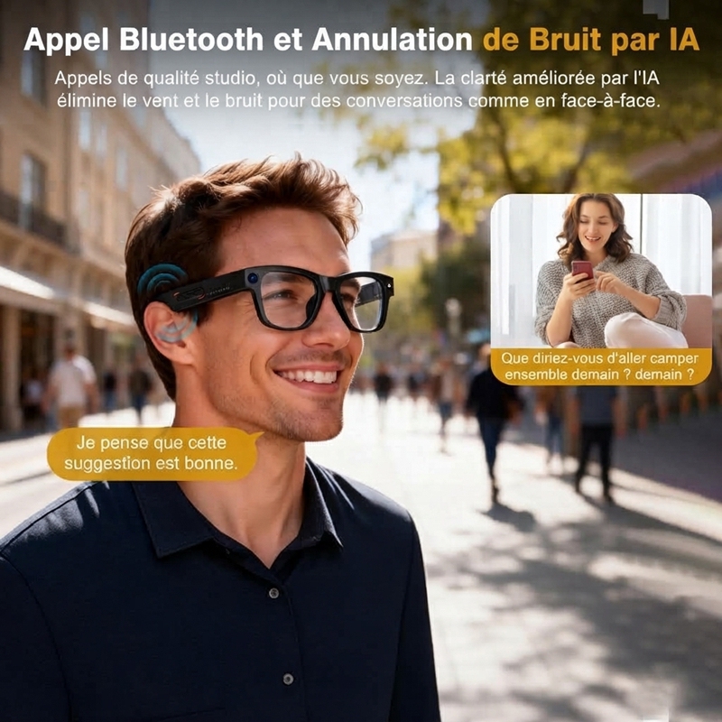 G02 Lunettes Intelligentes AI G02, Caméra HD 8MP Photo/Vidéo, Traduction IA en Temps Réel, Appel Bluetooth, Audio Ouvert, Verres Anti-Lumière Bleue