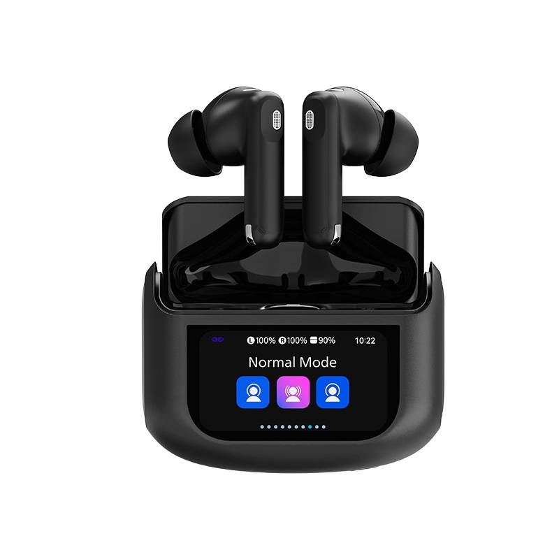 HE-076D Écouteurs Bluetooth sans fil ANC+ENC, boîtier de charge avec écran tactile couleur, haut‑parleur 13 mm, autonomie totale 32 h, intra‑auriculaires antibruit