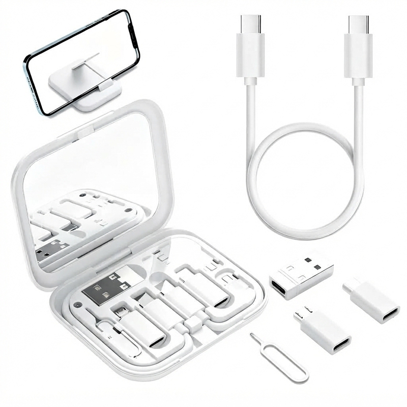 ST001 Boîte de rangement de câbles multifonction tout‑en‑un avec miroir maquillage et support téléphone, kit de câbles adaptateurs de voyage