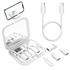 ST001 Boîte de rangement de câbles multifonction tout‑en‑un avec miroir maquillage et support téléphone, kit de câbles adaptateurs de voyage