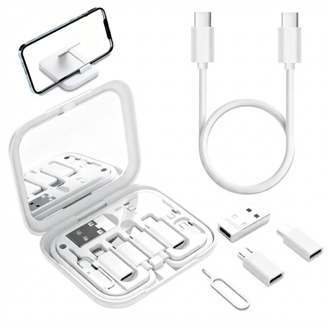ST001 Boîte de rangement de câbles multifonction tout‑en‑un avec miroir maquillage et support téléphone, kit de câbles adaptateurs de voyage