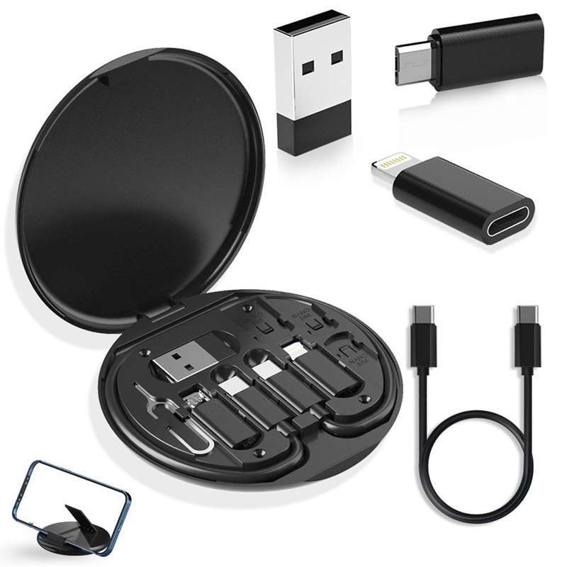 ST002 Boîte de rangement de câbles multifonction ronde tout‑en‑un avec support téléphone intégré, kit numérique voyage multi‑adaptateur avec rangement cartes SIM