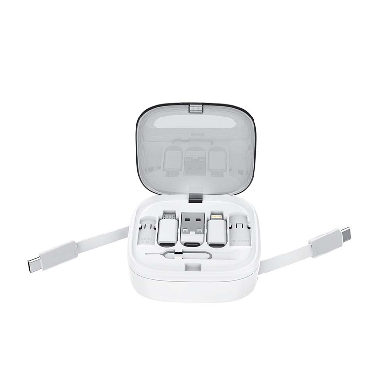 ST003 Boîte de rangement tout‑en‑un avec doubles câbles rétractables, kit numérique voyage multi‑adaptateur avec support téléphone intégré, rangement cartes SIM et carte mémoire