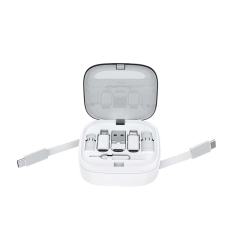 ST003 Boîte de rangement tout‑en‑un avec doubles câbles rétractables, kit numérique voyage multi‑adaptateur avec support téléphone intégré, rangement cartes SIM et carte mémoire