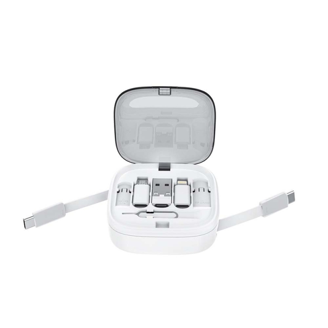 ST003 Boîte de rangement tout‑en‑un avec doubles câbles rétractables, kit numérique voyage multi‑adaptateur avec support téléphone intégré, rangement cartes SIM et carte mémoire