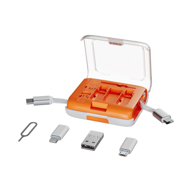 ST004 Boîte de rangement de câbles tout‑en‑un charge rapide PD 60W, câbles rétractables avec adaptateurs magnétiques, support téléphone intégré, rangement cartes SIM, kit numérique de voyage portable