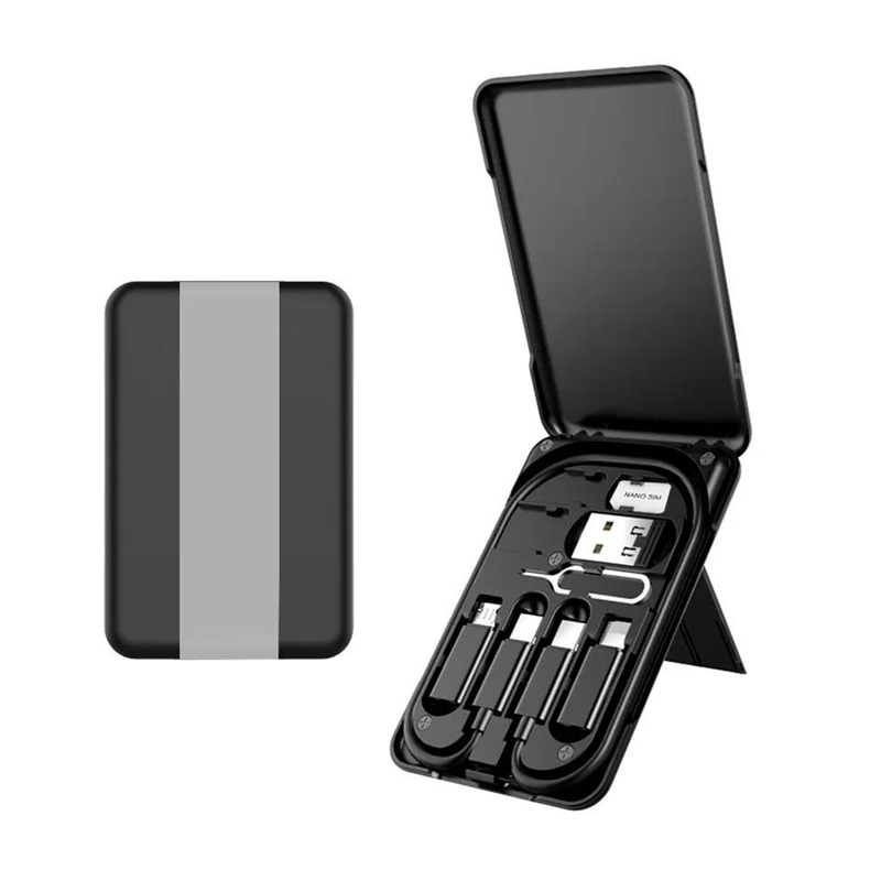 ST005 Boîte de rangement de câbles tout‑en‑un charge rapide PD 60W, câbles rétractables avec adaptateurs magnétiques, support téléphone intégré, rangement cartes SIM, kit numérique de voyage portable