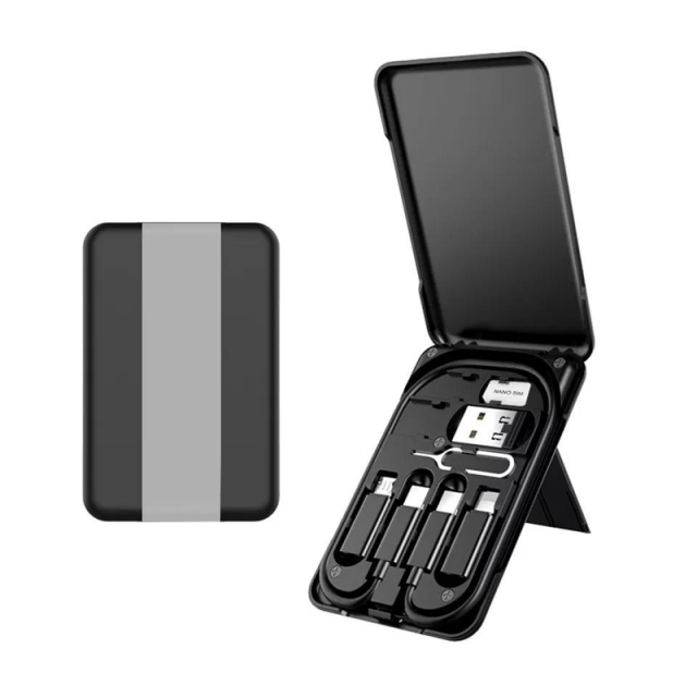 ST005 Boîte de rangement de câbles tout‑en‑un charge rapide PD 60W, câbles rétractables avec adaptateurs magnétiques, support téléphone intégré, rangement cartes SIM, kit numérique de voyage portable