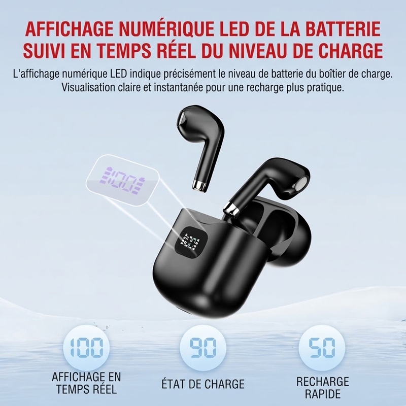 HE-060D Écouteurs Bluetooth Sans Fil, Affichage Numérique LED, Autonomie 30H, Étanche IPX5, Contrôle Tactile pour le Sport