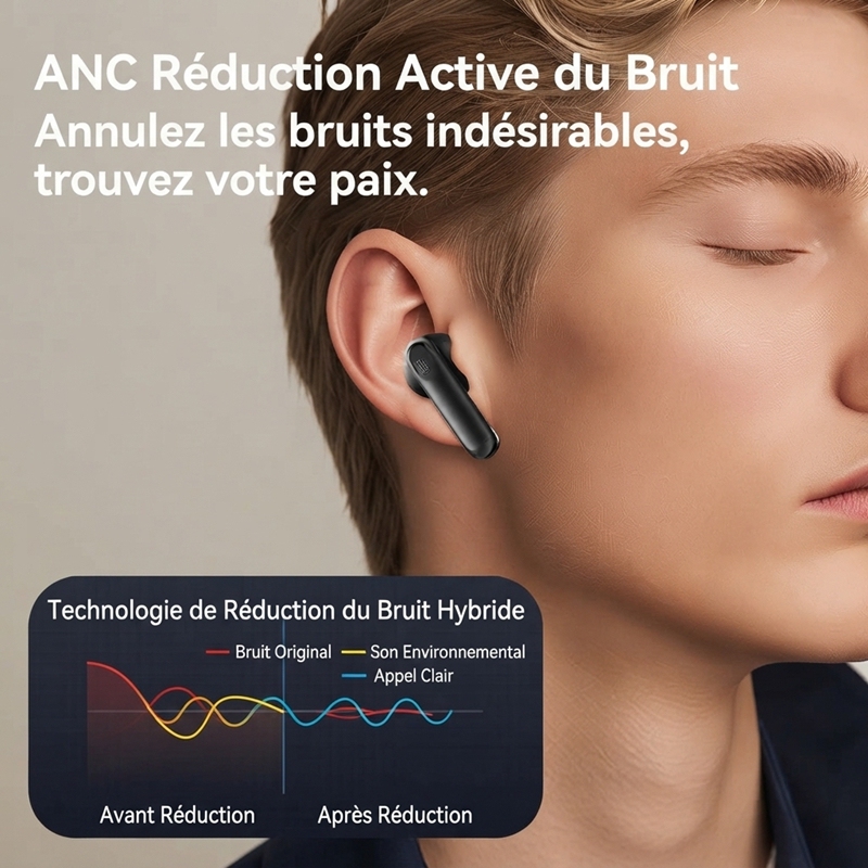 HE-076D Écouteurs Bluetooth sans fil ANC+ENC, boîtier de charge avec écran tactile couleur, haut‑parleur 13 mm, autonomie totale 32 h, intra‑auriculaires antibruit