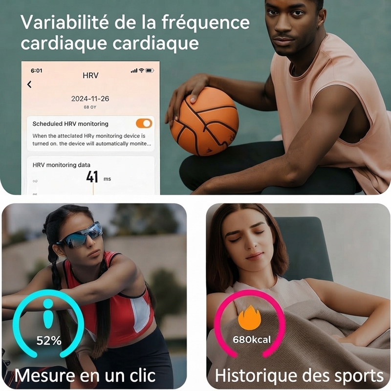 L02B Bracelet connecté fitness étanche IP68, surveillance fréquence cardiaque et VRC, compteur de calories, bande perforée respirante, sans écran