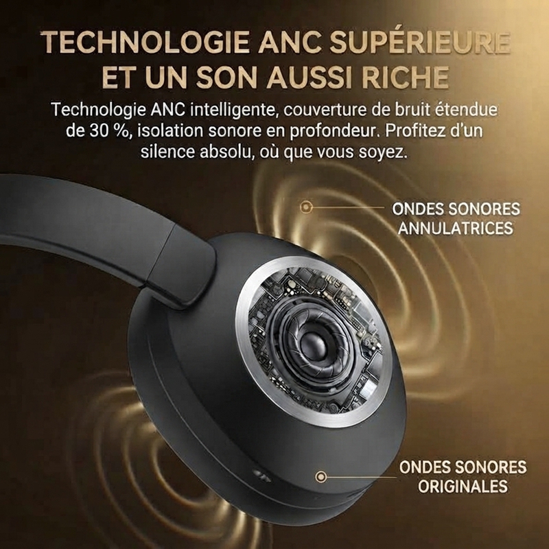 VJE85 Casque Bluetooth supra‑auriculaire à réduction de bruit ANC, autonomie 100H, coussinets respirants en cuir protéiné, appels clairs, basculement multi‑appareils