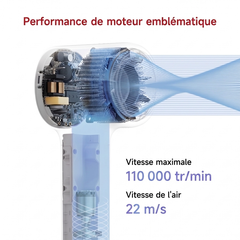 Sèche‑cheveux haute vitesse aux ions négatifs, moteur sans balais 110000 tr/min, séchage rapide silencieux avec buses magnétiques pour maison et voyage