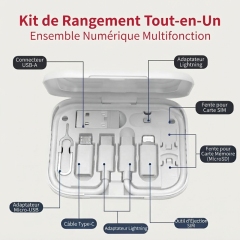ST001 Boîte de rangement de câbles multifonction tout‑en‑un avec miroir maquillage et support téléphone, kit de câbles adaptateurs de voyage