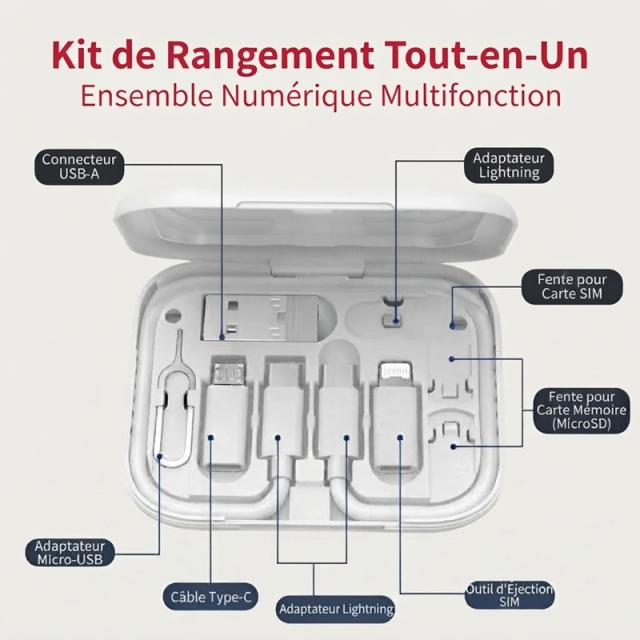 ST001 Boîte de rangement de câbles multifonction tout‑en‑un avec miroir maquillage et support téléphone, kit de câbles adaptateurs de voyage