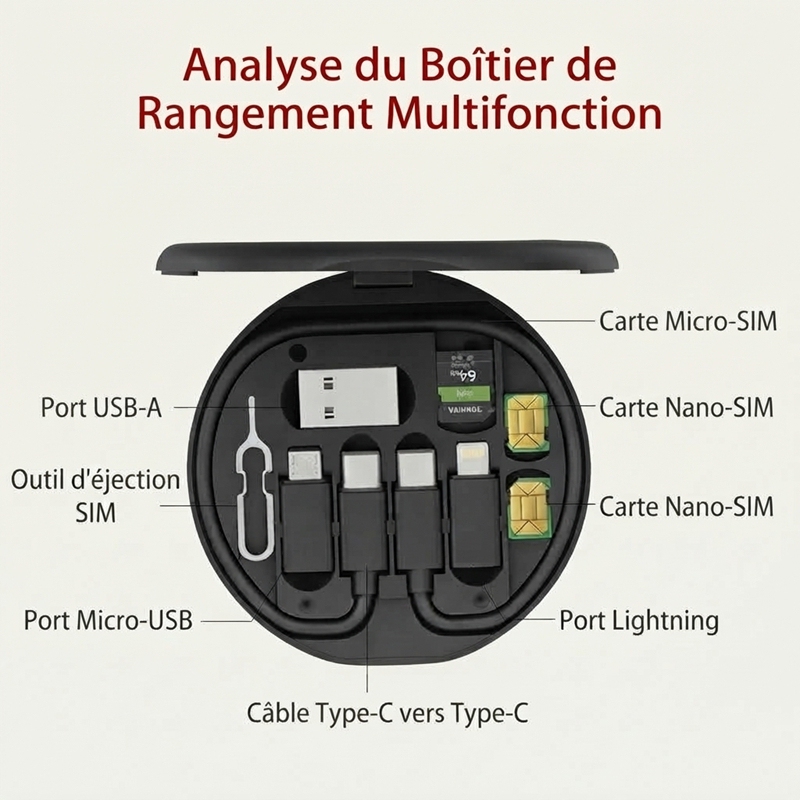 ST002 Boîte de rangement de câbles multifonction ronde tout‑en‑un avec support téléphone intégré, kit numérique voyage multi‑adaptateur avec rangement cartes SIM