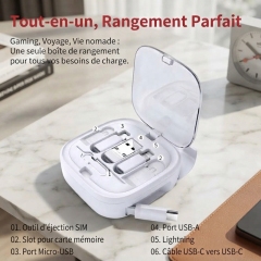 ST003 Boîte de rangement tout‑en‑un avec doubles câbles rétractables, kit numérique voyage multi‑adaptateur avec support téléphone intégré, rangement cartes SIM et carte mémoire