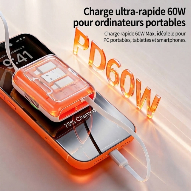 ST004 Boîte de rangement de câbles tout‑en‑un charge rapide PD 60W, câbles rétractables avec adaptateurs magnétiques, support téléphone intégré, rangement cartes SIM, kit numérique de voyage portable