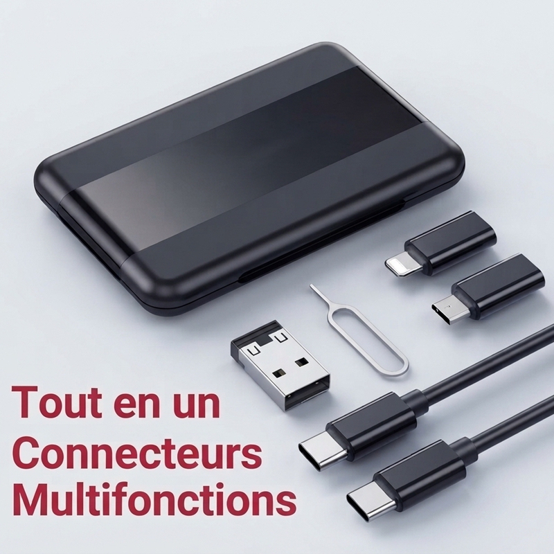 ST005 Boîte de rangement de câbles tout‑en‑un charge rapide PD 60W, câbles rétractables avec adaptateurs magnétiques, support téléphone intégré, rangement cartes SIM, kit numérique de voyage portable