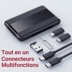 ST005 Boîte de rangement de câbles tout‑en‑un charge rapide PD 60W, câbles rétractables avec adaptateurs magnétiques, support téléphone intégré, rangement cartes SIM, kit numérique de voyage portable