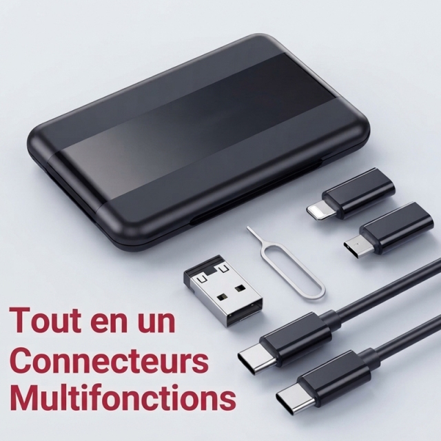 ST005 Boîte de rangement de câbles tout‑en‑un charge rapide PD 60W, câbles rétractables avec adaptateurs magnétiques, support téléphone intégré, rangement cartes SIM, kit numérique de voyage portable