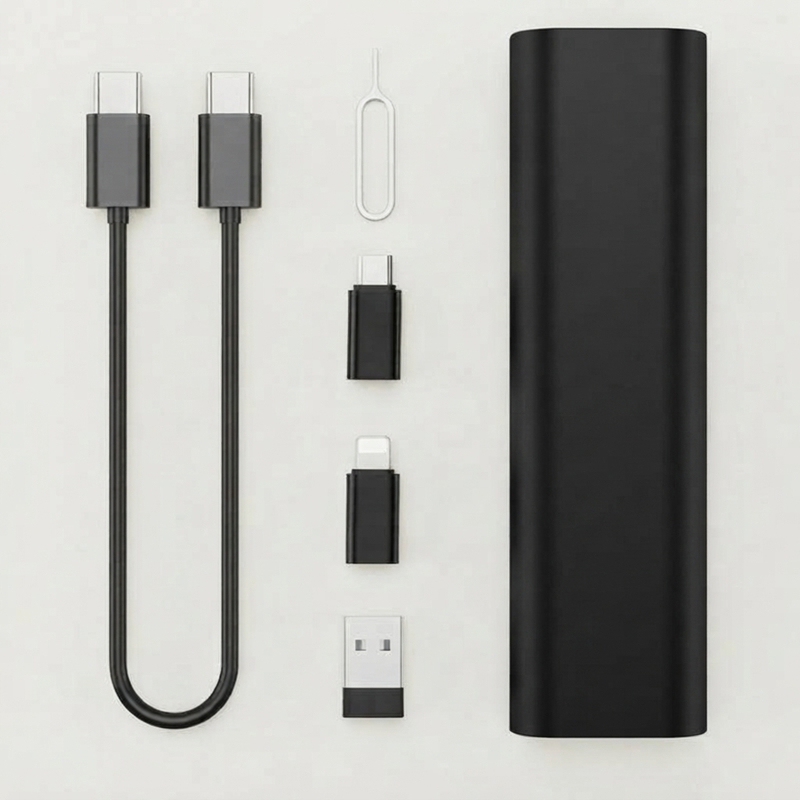 ST006 Kit de rangement de câble format stylo noir charge rapide PD 60W, ensemble multi‑adaptateurs avec rangement cartes SIM et mémoire, accessoire de voyage format poche