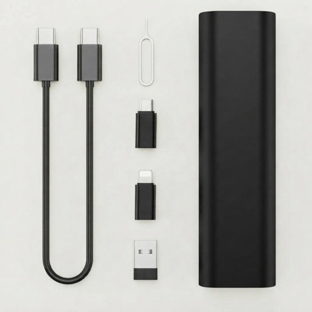 ST006 Kit de rangement de câble format stylo noir charge rapide PD 60W, ensemble multi‑adaptateurs avec rangement cartes SIM et mémoire, accessoire de voyage format poche