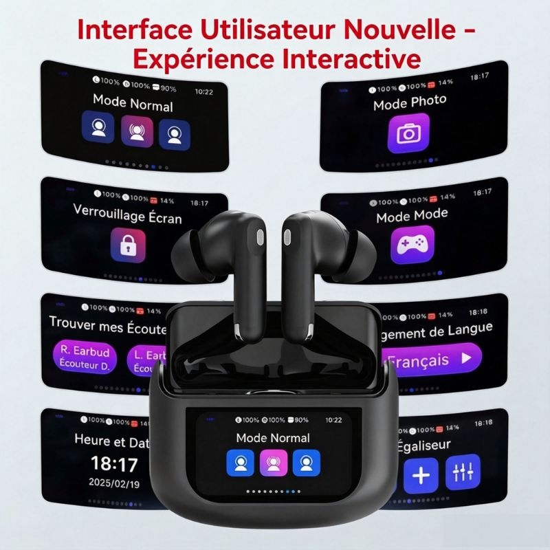HE-076D Écouteurs Bluetooth sans fil ANC+ENC, boîtier de charge avec écran tactile couleur, haut‑parleur 13 mm, autonomie totale 32 h, intra‑auriculaires antibruit