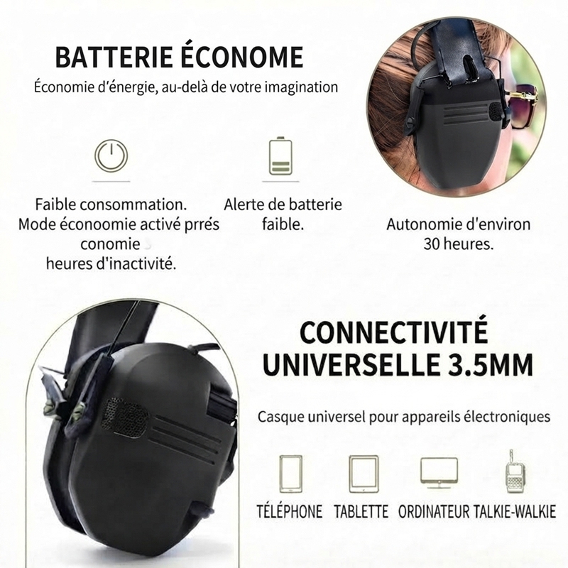 W1 Casque anti‑bruit électronique tactique pour tir, protection auditive NRR22, double micro amplification son ambiant, pliable pour tir et travaux industriels