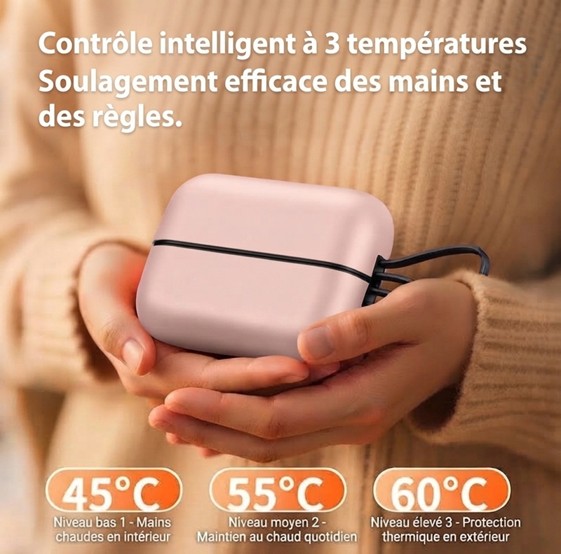 JLD606 Chauffe‑mains rose avec écran numérique, batterie externe 2‑en‑1, 3 niveaux de température, chauffe rapide en 3s rechargeable