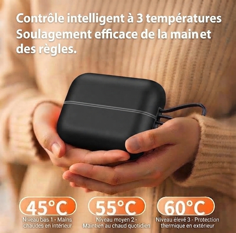 JLD606 Chauffe‑mains noir avec écran numérique, batterie externe 2‑en‑1 rechargeable, 3 niveaux de température, chauffage rapide en 3 secondes