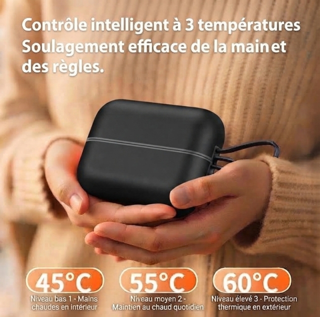JLD606 Chauffe‑mains noir avec écran numérique, batterie externe 2‑en‑1 rechargeable, 3 niveaux de température, chauffage rapide en 3 secondes