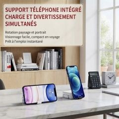 ST003 Boîte de rangement tout‑en‑un avec doubles câbles rétractables, kit numérique voyage multi‑adaptateur avec support téléphone intégré, rangement cartes SIM et carte mémoire