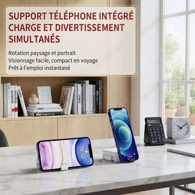 ST003 Boîte de rangement tout‑en‑un avec doubles câbles rétractables, kit numérique voyage multi‑adaptateur avec support téléphone intégré, rangement cartes SIM et carte mémoire