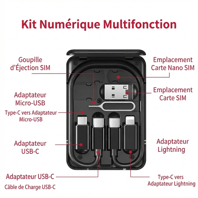 ST005 Boîte de rangement de câbles tout‑en‑un charge rapide PD 60W, câbles rétractables avec adaptateurs magnétiques, support téléphone intégré, rangement cartes SIM, kit numérique de voyage portable
