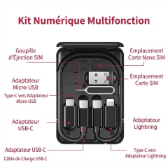 ST005 Boîte de rangement de câbles tout‑en‑un charge rapide PD 60W, câbles rétractables avec adaptateurs magnétiques, support téléphone intégré, rangement cartes SIM, kit numérique de voyage portable