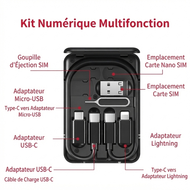 ST005 Boîte de rangement de câbles tout‑en‑un charge rapide PD 60W, câbles rétractables avec adaptateurs magnétiques, support téléphone intégré, rangement cartes SIM, kit numérique de voyage portable