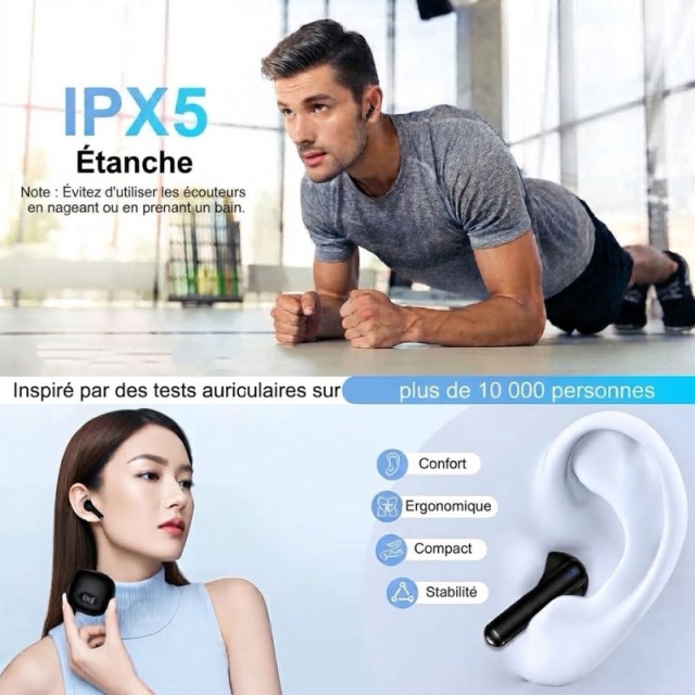 HE-060D Écouteurs Bluetooth Sans Fil, Affichage Numérique LED, Autonomie 30H, Étanche IPX5, Contrôle Tactile pour le Sport