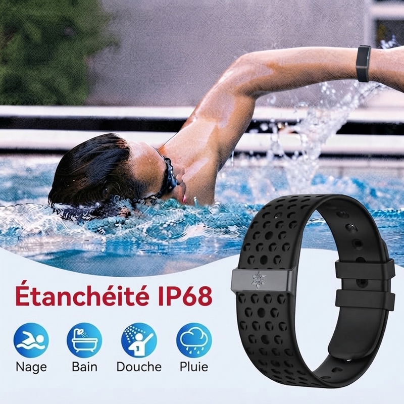 L02B Bracelet connecté fitness étanche IP68, surveillance fréquence cardiaque et VRC, compteur de calories, bande perforée respirante, sans écran