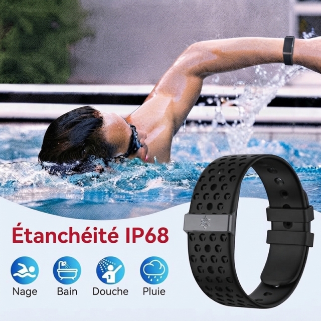 L02B Bracelet connecté fitness étanche IP68, surveillance fréquence cardiaque et VRC, compteur de calories, bande perforée respirante, sans écran