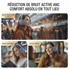 VJE85 Casque Bluetooth supra‑auriculaire à réduction de bruit ANC, autonomie 100H, coussinets en cuir protéiné respirant, appels nets, basculement multi‑appareils