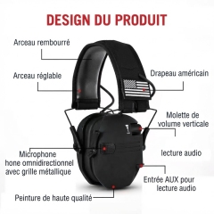 W1 Casque anti‑bruit électronique tactique pour tir, protection auditive NRR22, double micro amplification son ambiant, pliable pour tir et travaux industriels
