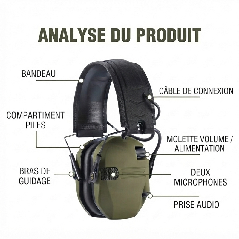 H01 Olive Green Tactical Electronic Shooting Earmuffs, NRR 22 Active Hearing Protection Headset, 360‑Degree Ambient Sound Perception, Dual‑Mic Sound Amplification, Foldable for Shooting Range & Industrial Work