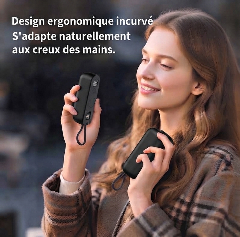 JLD606 Chauffe‑mains noir avec écran numérique, batterie externe 2‑en‑1 rechargeable, 3 niveaux de température, chauffage rapide en 3 secondes
