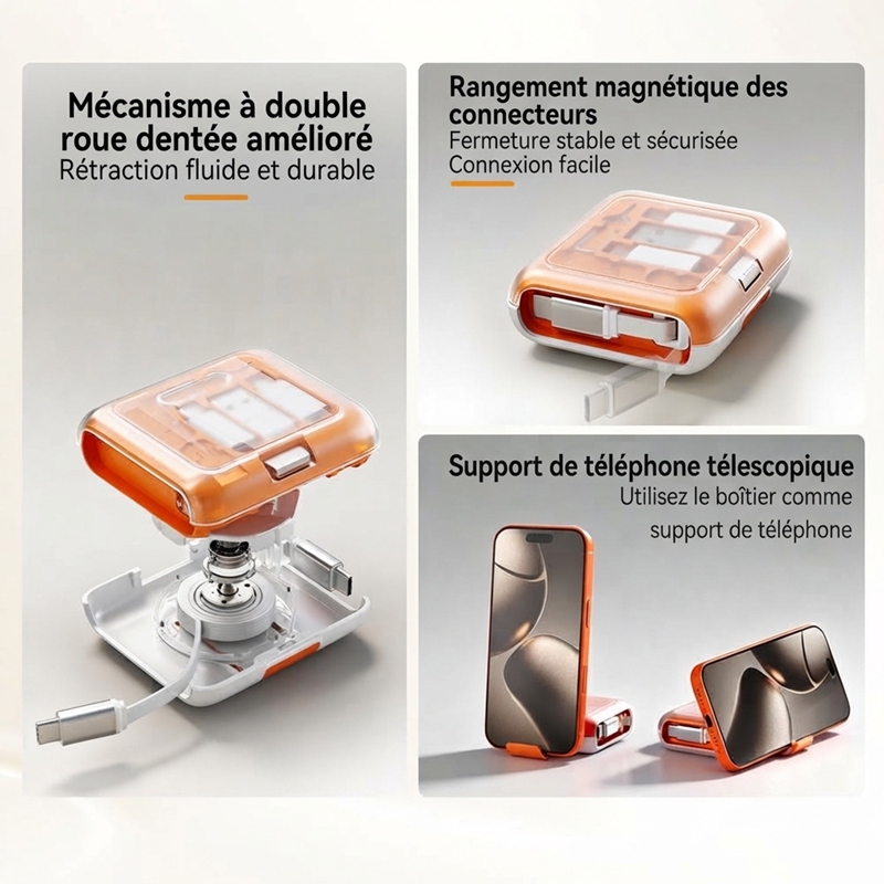 ST004 Boîte de rangement de câbles tout‑en‑un charge rapide PD 60W, câbles rétractables avec adaptateurs magnétiques, support téléphone intégré, rangement cartes SIM, kit numérique de voyage portable