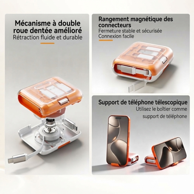 ST004 Boîte de rangement de câbles tout‑en‑un charge rapide PD 60W, câbles rétractables avec adaptateurs magnétiques, support téléphone intégré, rangement cartes SIM, kit numérique de voyage portable